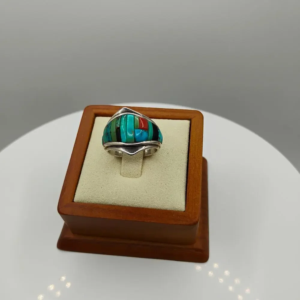 Native American Hopi Turquoise Inlay Ring Size 6.25 - Picture 2 of 8